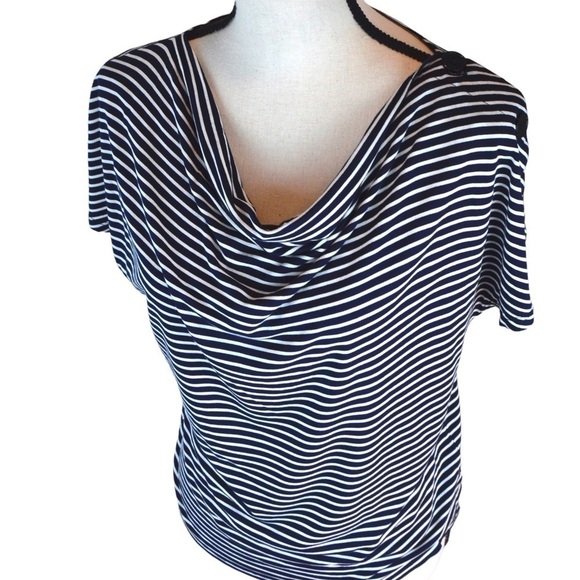 Talbots Petites Deep Navy & White Striped Drape Neck Button Shoulder Top, Small - Picture 8 of 8